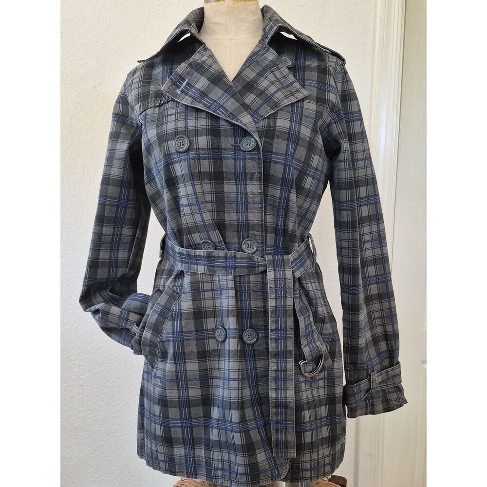 Hurley X Y2K-Front Tie, cotton, Plaid Trench Jacket Sz Large
